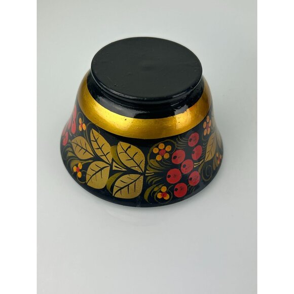 Vintage USSR Russian Wooden Lacquered Small Bowls Set of 2 Red Berries Gold Blck - Picture 9 of 16